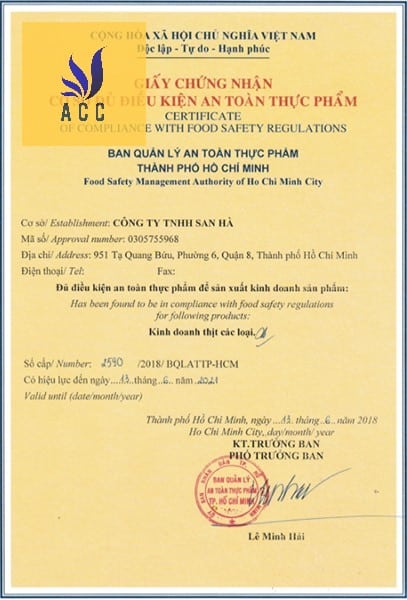 Mẫu giấy chứng nhận vệ sinh an toàn thực phẩm của Ban ATPP Bộ Nông Nghiệp