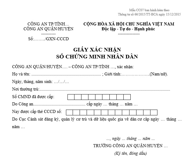 Mẫu CC07 ban hành kèm theo Thông tư 41 2019 TT BCA