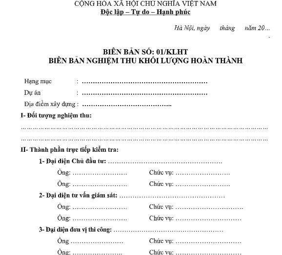 Các mẫu biên bản nghiệm thu khối lượng hoàn thành đơn giản