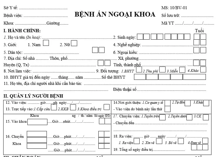 Mẫu bệnh án ngoại khoa mới nhất năm 2024