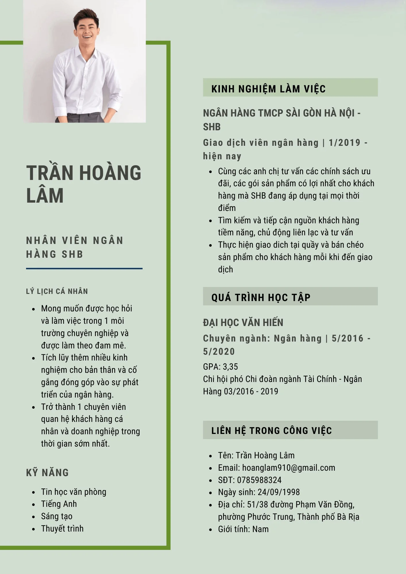 Mẫu CV ngân hàng SHB