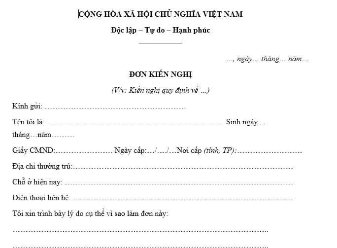 Mẫu đơn kiến nghị của cá  nhân