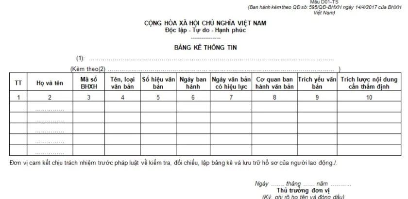 Mẫu D01-TS: Bảng kê thông tin theo Quyết định 595/BHXH năm 2024