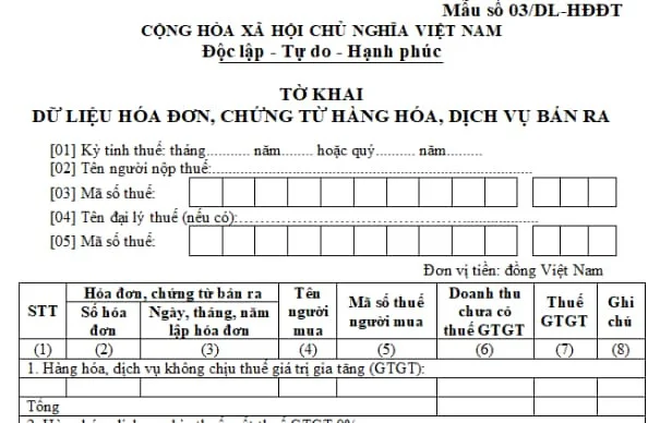 Mẫu số 03/DL-HĐĐT: Tờ khai dữ liệu hóa đơn, chứng từ hàng hóa, dịch vụ bán ra 2024