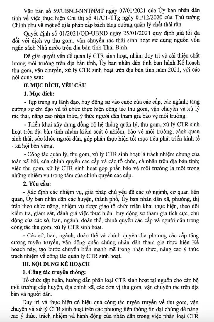 Kế hoạch thu gom, vận chuyển, xử lý rác thải sinh hoạt, chất thải rắn