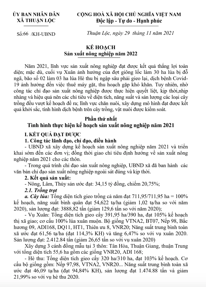 Kế hoạch sản xuất nông nghiệp năm mới nhất 