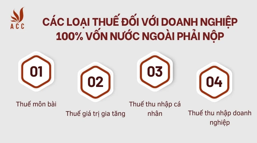 Các loại thuế đối với doanh nghiệp 100% vốn nước ngoài phải nộp