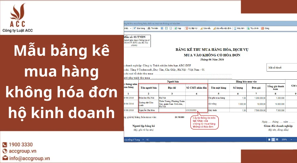 Mẫu bảng kê mua hàng không hóa đơn hộ kinh doanh