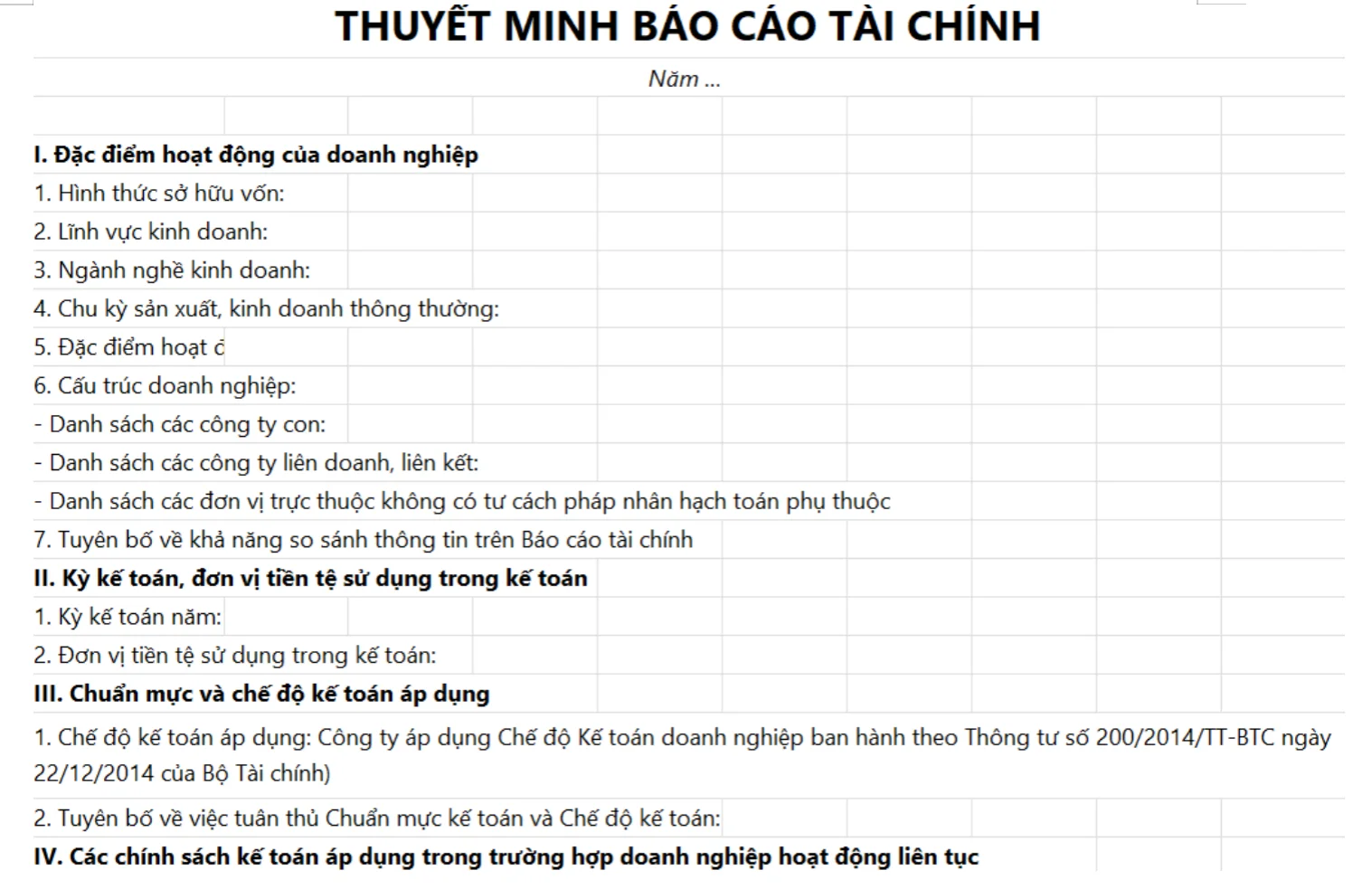 Mẫu thuyết minh báo cáo tài chính theo Thông tư 133