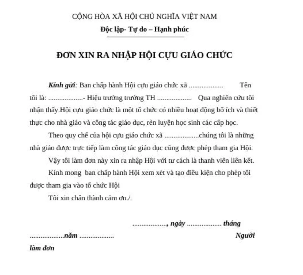 Mẫu Đơn xin gia nhập hội cựu giáo chức