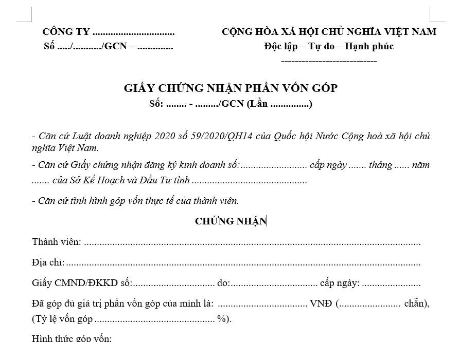 Mẫu giấy chứng nhận góp vốn công ty TNHH MTV