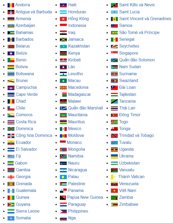  Danh sách các nước được miễn visa 30 ngày
