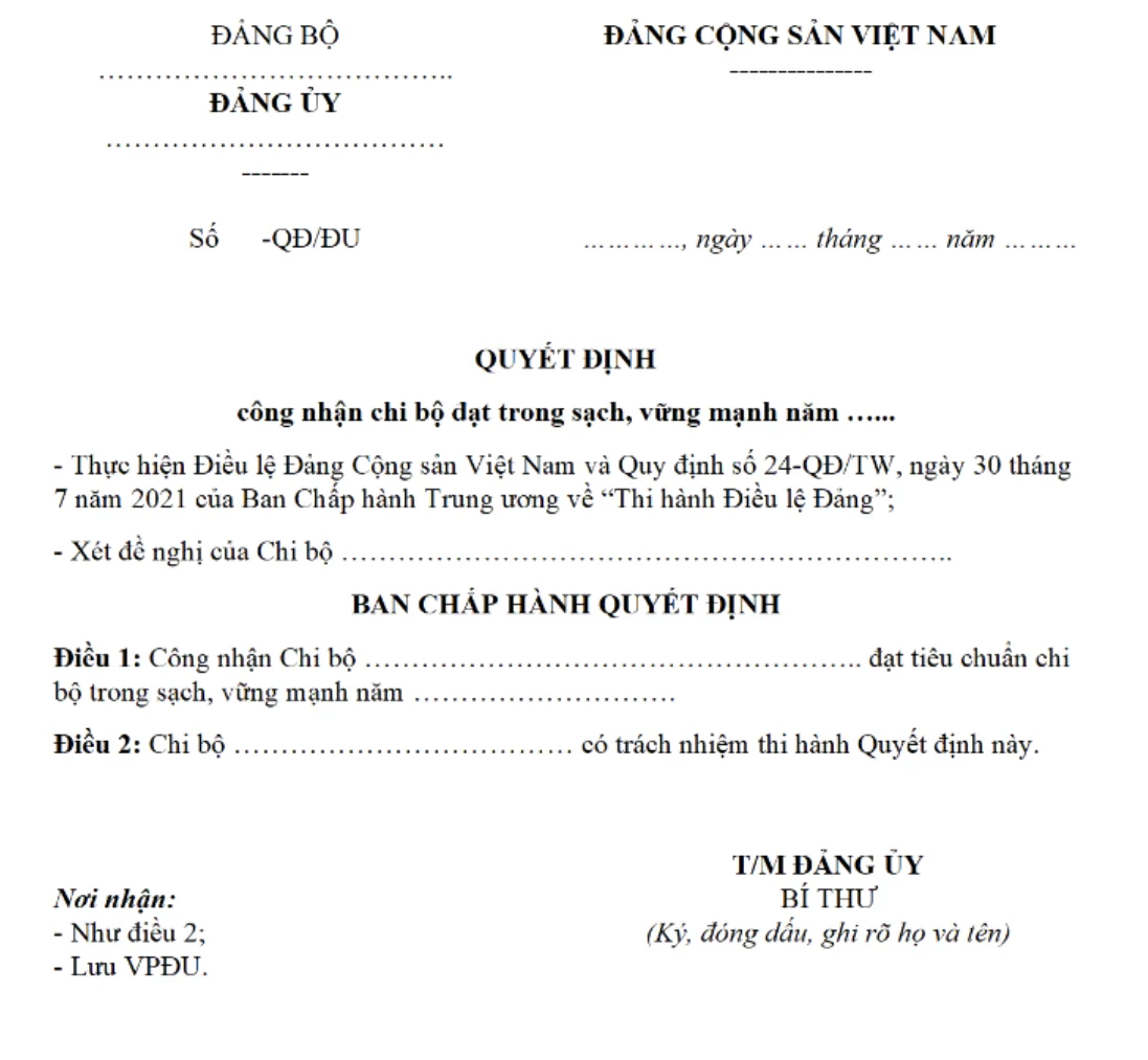 Mẫu quyết định công nhận chi bộ trực thuộc đảng ủy cơ sở trong sạch, vững mạnh theo Hướng dẫn 12-HD/BTCTW