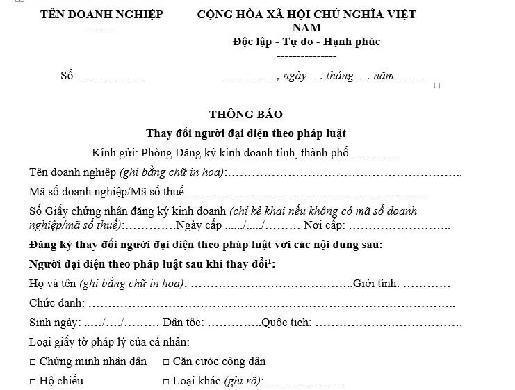 Mẫu thông báo thay đổi người đại diện theo pháp luật