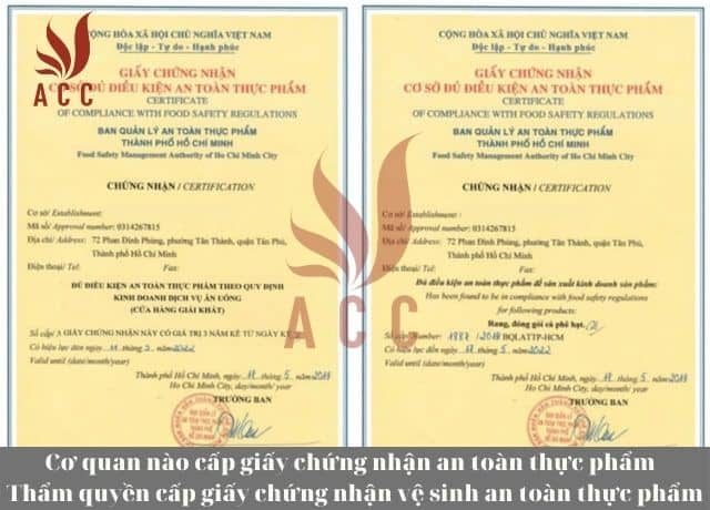 Thẩm quyền cấp giấy chứng nhận vệ sinh an toàn thực phẩm