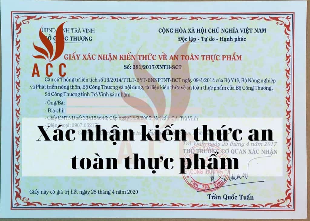 xác nhận kiến thức an toàn thực phẩm