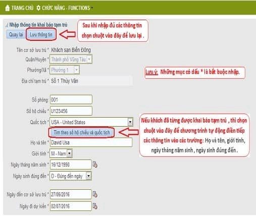 Điền thông tin đăng ký tạm trú online