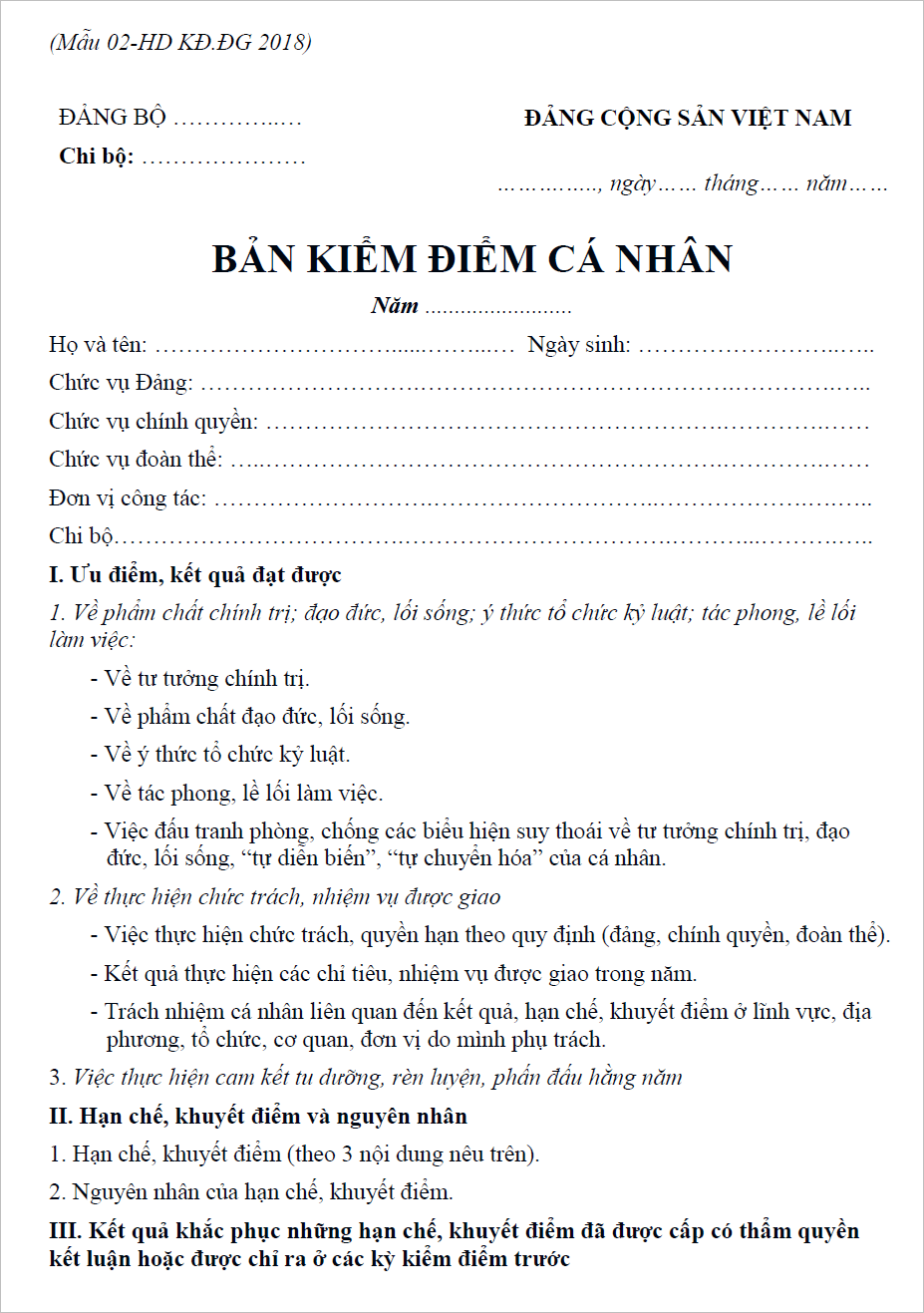 Bản kiểm điểm đảng viên năm 2018 mẫu 02 viết như thế nào?