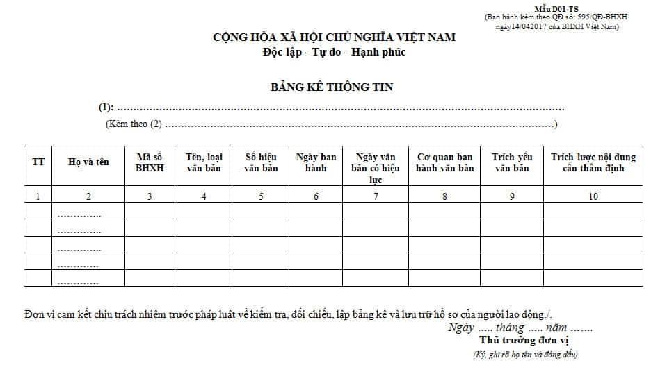 Bảng kê thông tin mẫu D01-TS theo Quyết định 595/QĐ-BHXH