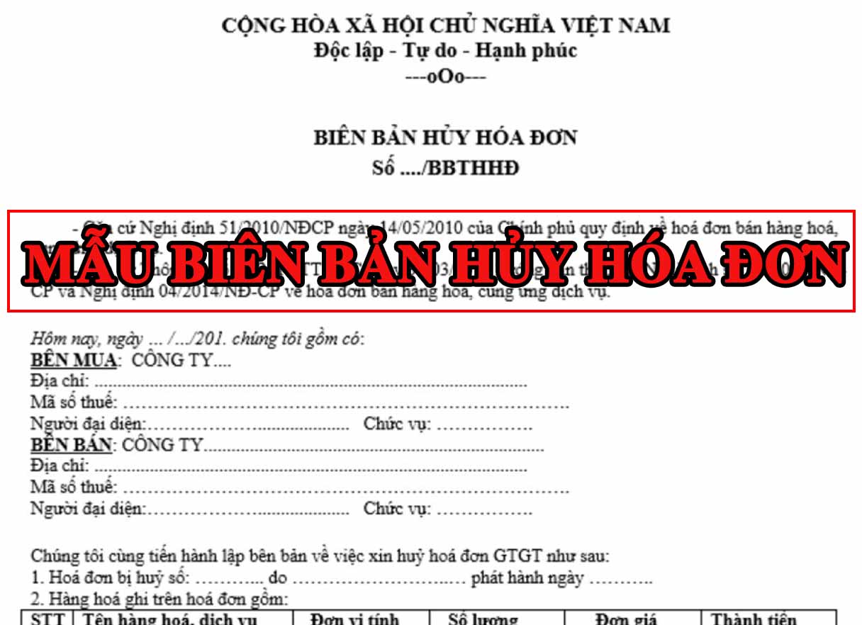 Mẫu biên bản hủy hóa đơn điện tử VNPT