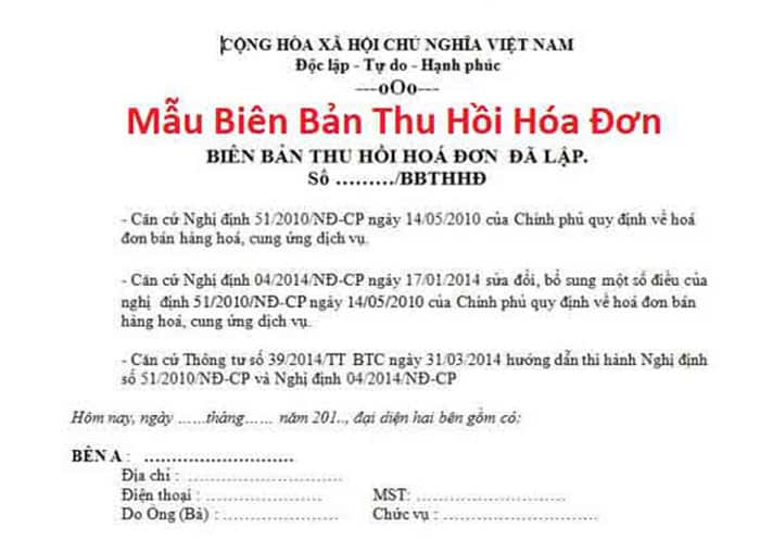 Biên Bản Thu Hồi Hóa đơn điện Tử Viettel