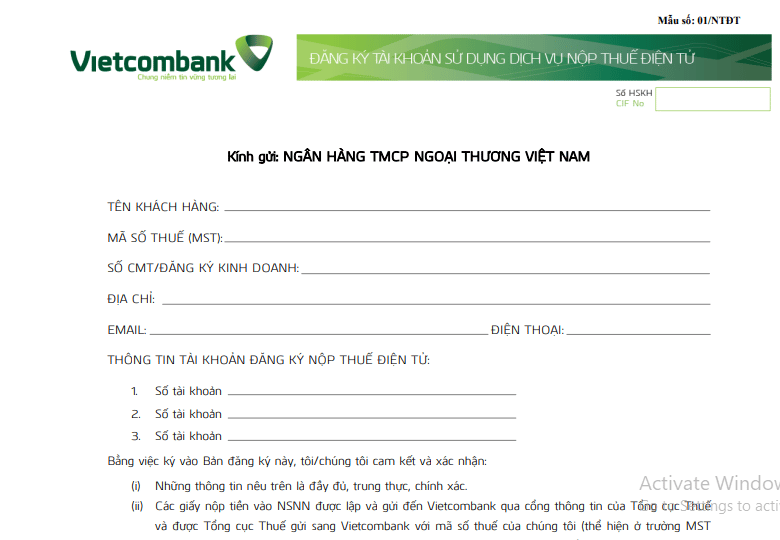 Mẫu Đăng Ký Nộp Thuế Điện Tử Ngân Hàng Vietcombank Mới Nhất 2023