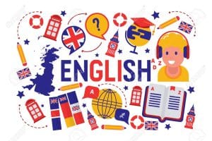 British English Language Learning Class Vector Illustration. Brittish Flag Logo, England, Dictionary, Big Ben, Girls Cartoon Character In Earphones, English Language Exchange Program.