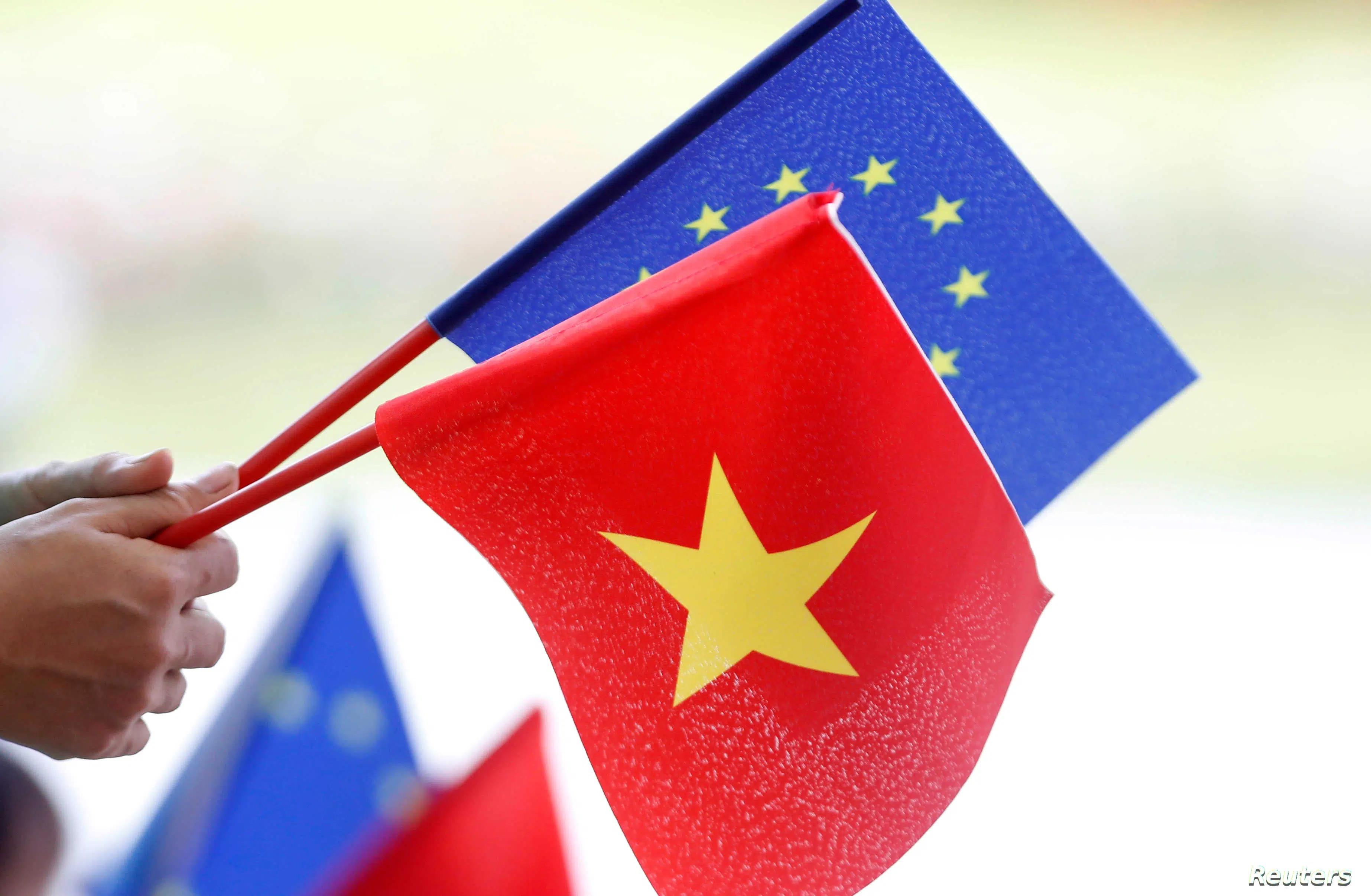 European Union And Vietnamese Flags Are Seen At The Signing Ceremony Of Eu Vietnam Free Trade Agreement At The Government Office In Hanoi