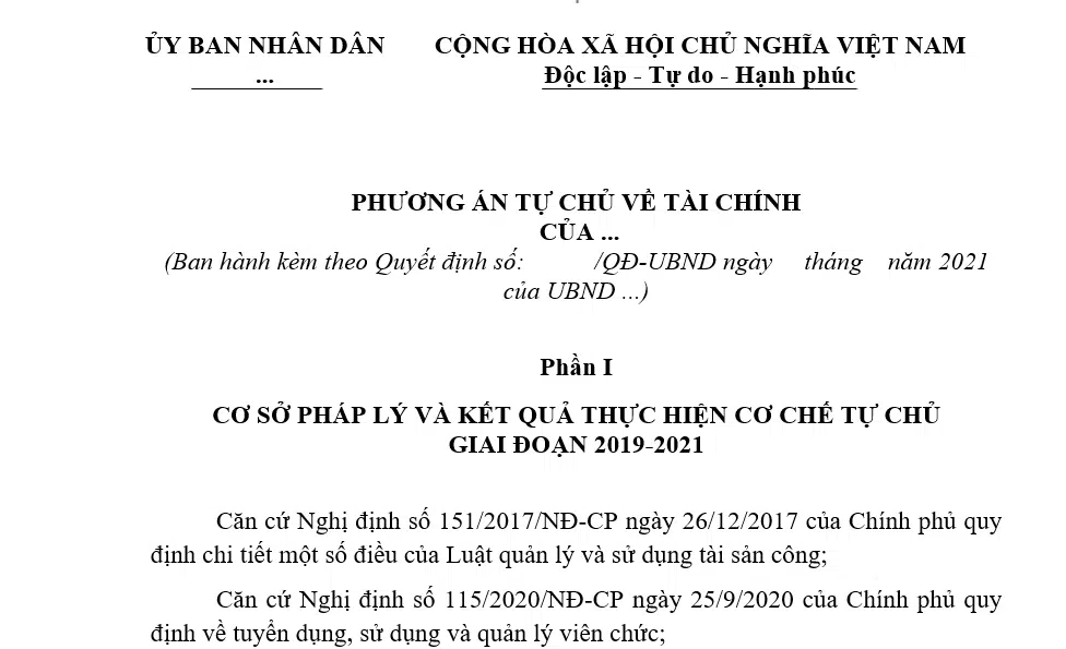 Mẫu phương án tự chủ tài chính theo Nghị định 60/2021/NĐ-CP