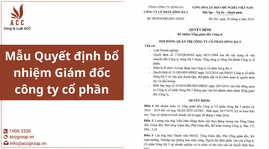 Mẫu Quyết định Bổ Nhiệm Giám đốc Công Ty Cổ Phần 2023 