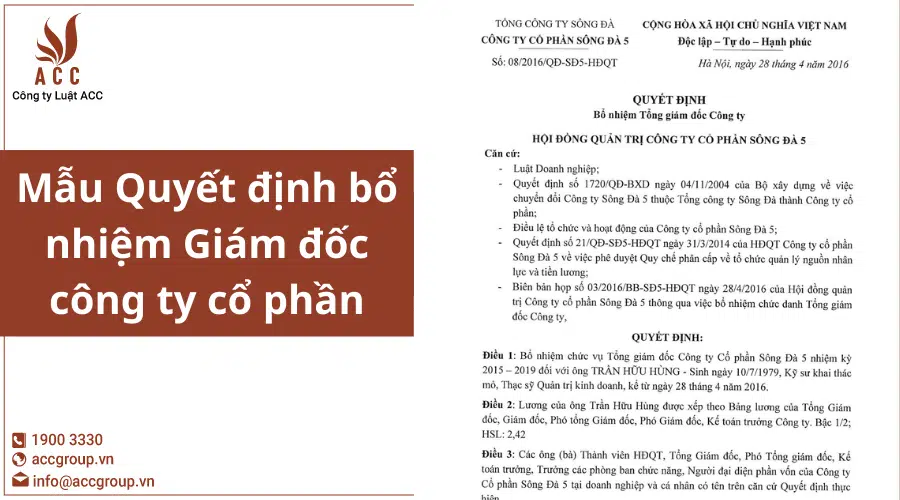 Mẫu Quyết định Bổ Nhiệm Giám đốc Công Ty Cổ Phần