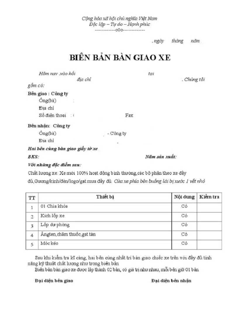 Mẫu Biên Bản Bàn Giao Xe, Vieclam123.vn