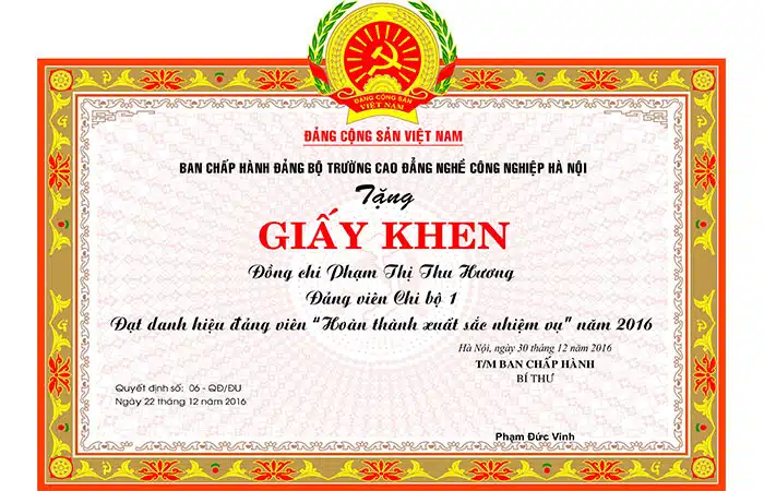 mẫu giấy khen của đảng