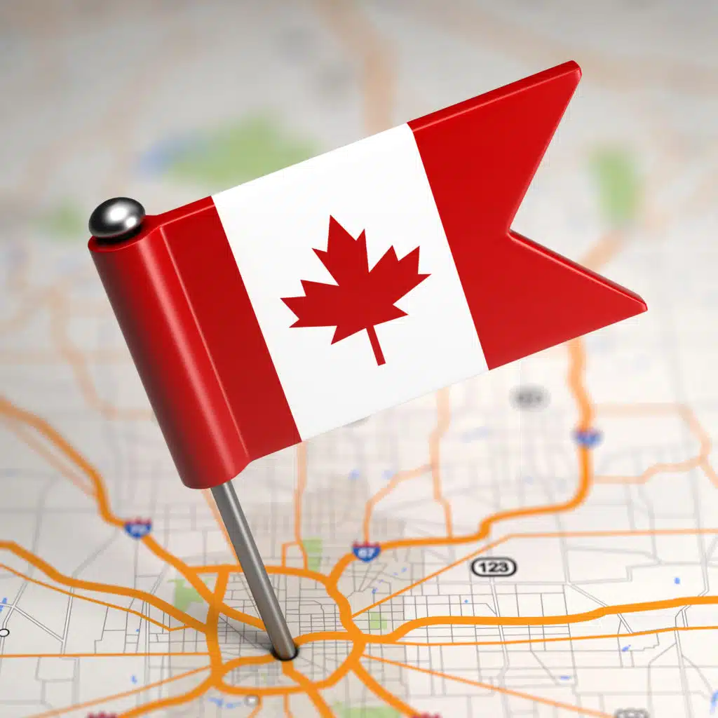 Canada Small Flag On A Map Background.