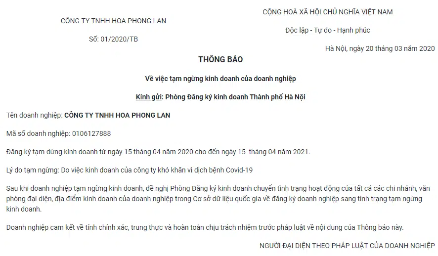 Mẫu Thông Báo Tạm Ngừng Kinh Doanh Qua Mạng