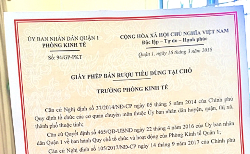 Giấy Phép Bán Rượu Tiêu Dùng Tại Chỗ