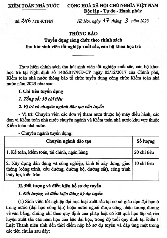 Thông báo tuyển dụng kiểm toán nhà nước